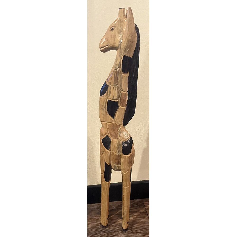 Vintage Hand Carved Wood Giraffe Statue 29‎ Inch Tall African Safari Decor
